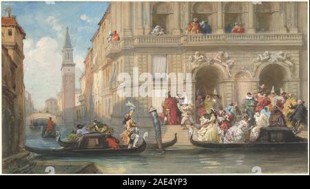 Maskierten Boarding Gondeln vor einem venezianischen Palazzo; 1869 Datum Eugène Louis Lami, maskierten Boarding Gondeln vor einem venezianischen Palazzo, 1869 Stockfoto