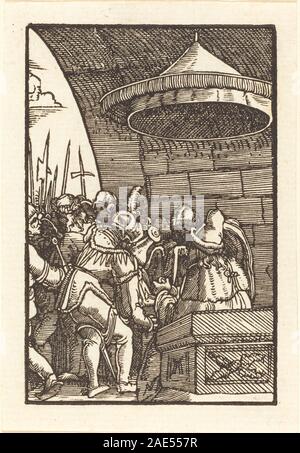 Das Gemälde „Pilatus Waschen seiner Hände“ von Albrecht Altdorfer um 1513 zeigt Pontius Pilatus, der seine Hände wäscht, um die Verantwortung für die Kreuzigung Christi zu entziehen. Die Arbeit konzentriert sich auf religiöse Ikonographie, Figurenkomposition und deutsche Renaissance-Techniken des frühen 16. Jahrhunderts. Stockfoto