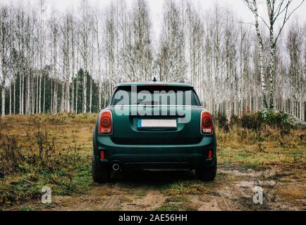 Rückansicht eines Mini Countryman vor einem Wald von Silver Birch Stockfoto