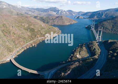 "Barrios de Luna "Reservoir von Luftbildern Drohne Anzeigen. Stockfoto