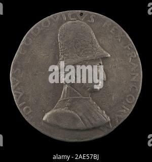 Porträtmedaille oder Skulpturenarbeit von Francesco Laurana um 1460-1466, mit dem Louis XI., König von Frankreich, im Profil auf der Vorderseite, mit detaillierten Gesichtszügen und königlicher Kleidung. Stockfoto