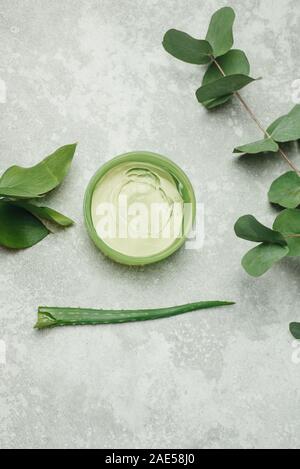 Eine Dose Aloe Gel neben einem Aloe Zweig und Eukalyptus Blätter. Flach. Grün Aloe Gel auf einem grauen Hintergrund der natürlichen Zutaten. Das Konzept der s Stockfoto