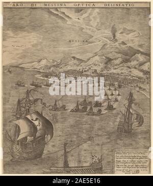 Gravur von 1561 von Frans Huys nach Pieter Bruegel dem Älteren, der die Seeschlacht in der Meerenge von Messina, Schiffe, Soldaten, Kanonenfeuer, Wellen, Perspektive und flämischer Druckstil aus dem 16. Jahrhundert. Stockfoto