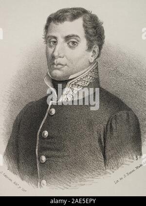 Rafael del Riego (1784-1823). Militar y político liberale Español. Dibujo por J. Cebrian. Crónica de España, Historia y Ilustrada Descriptiva de Sus Provincias. Tomo Asturien und León, 1867. Biblioteca Histórico Militar de Barcelona, Cataluña, Spanien. Stockfoto