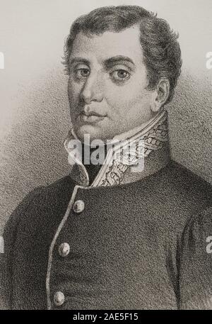 Rafael del Riego (1784-1823). Militar y político liberale Español. Dibujo por J. Cebrian. Las Mejores. Crónica de España, Historia y Ilustrada Descriptiva de Sus Provincias. Tomo Asturien und León, 1867. Biblioteca Histórico Militar de Barcelona, Cataluña, Spanien. Stockfoto