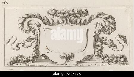 Eine Kartusche aus dem Jahre 1646 von Francois Collignon nach Stefano Della Bella, die ornamentales Design, Gravuren und dekorative Motive zeigt. Stockfoto