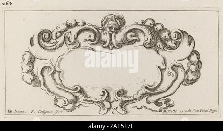 Ein Druck oder Gravur einer Kartusche aus dem Jahre 1646 von Francois Collignon nach Stefano Della Bella, mit ornamentalem Design und dekorativen Motiven. Stockfoto