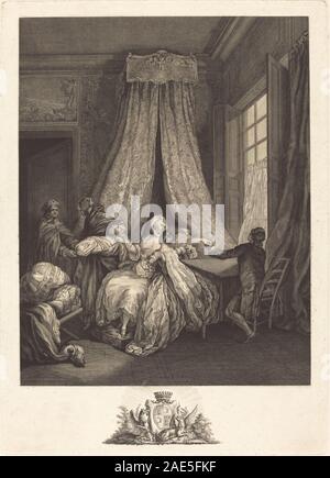 Le Fruit de l’Amour Secret von Francois Voyez nach Pierre-Antoine Baudouin zeigt allegorische Figuren in einer intimen Szene, einschließlich Gesten, Kleidung und dekorativen Elementen, die den französischen Rokoko-Stil des 18. Jahrhunderts widerspiegeln. Stockfoto
