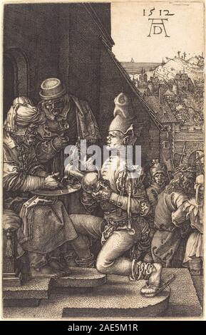 Gravur „Pilatus wascht seine Hände“ von Albrecht Dürer aus dem Jahr 1512, der Pontius Pilatus beim Händewaschen, Figuren, Gesten, Ausdrucksformen und die deutsche religiöse Kunst des frühen 16. Jahrhunderts zeigt. Stockfoto