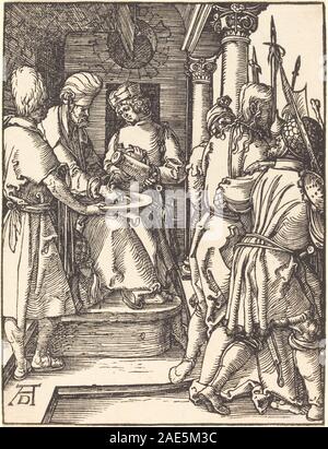 Gravur „Pilatus wascht seine Hände“ von Albrecht Dürer, vermutlich um 1509–1510, die den biblischen Akt mit Figuren, Drapierung und religiösem Symbolismus in der deutschen Kunst des frühen 16. Jahrhunderts darstellt. Stockfoto