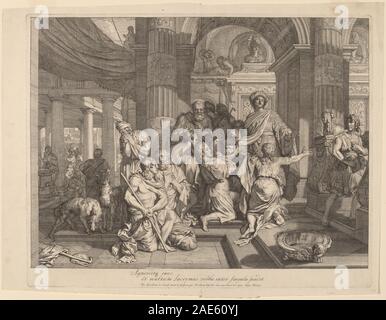 Ein Gemälde von Gerard de Lairesse, das die biblische Geschichte Josephs zeigt, wie er seinen Brüdern seine Identität offenbarte. Die Komposition zeigt Joseph umgeben von seinen Brüdern in einem Wohnraum und hebt Ausdrucksformen von Überraschung, Versöhnung und familiärer Interaktion hervor, die charakteristisch für die barocke Malerei sind. Stockfoto