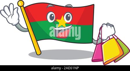 Fröhliche Flagge Burkina Faso Zeichentrickfigur winken und Holding Shopping Bag Stock Vektor