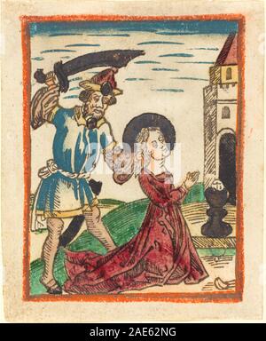 Zeigt das Martyrium der heiligen Barbara mit Figuren, Folterinstrumenten und architektonischen Hintergründen. In Deutschland zwischen 1480 und 1490 entstanden, die den religiösen Stil und gotische Elemente des späten 15. Jahrhunderts widerspiegeln. Stockfoto