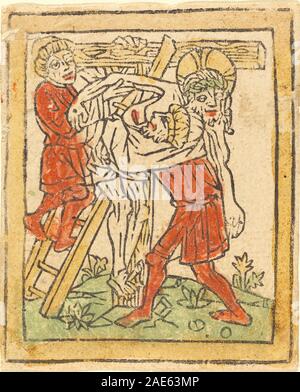 Ein um 1475 entstandenes deutsches Gemälde, das die Abschrift Christi darstellt, mit Figuren, die Christus vom Kreuz herabsenken, Gesten, Vorhängen und deutschem Andachtsstil des späten 15. Jahrhunderts. Stockfoto