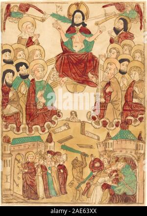 Ein deutsches Gemälde aus dem 15. Jahrhundert um 1460, das das letzte Gericht darstellt, mit Christus, Aposteln und Seelen in Himmel und Hölle, wobei religiöse Lehre, Moral und christliche Ikonographie hervorgehoben werden. Stockfoto