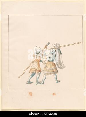 Eine deutsche Handschrift aus dem 16. Jahrhundert mit dem Titel „Freydal“ aus dem Jahr 1515, die Kämpfe zu Fuß während der Turniere Kaiser Maximilians I. zeigt und gepanzerte Ritter, Waffen und Turnieranlagen zeigt. Das Werk veranschaulicht die ritterliche Kultur der Renaissance und die Illustration der Handschriften. Stockfoto