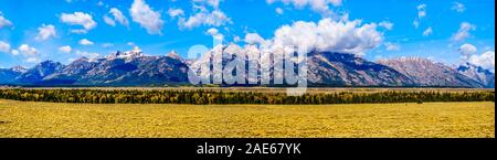 Panorama der Grand Tetons Range in Grand Tetons National Park in der Nähe von Jackson Hole, Wyoming, United States Stockfoto