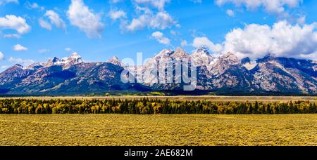 Panorama der nahen Teton, Grand Teton und Mt. Owen in der Mitte der Teton Bergkette in Grand Tetons National Park in der Nähe von Jackson Hole, Wyoming, USA Stockfoto