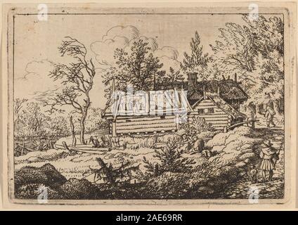 Stellt einen einsamen Pilger dar, der mit einem Hund in einer bewaldeten Landschaft spaziert und Bäume, Gelände und natürliche Umgebung zeigt. Gemalt von Allart van Everdingen zwischen 1645 und 1656, mit Betonung der menschlichen Figur und Landschaft. Stockfoto