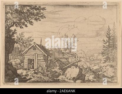 Ein Gemälde von Allart van Everdingen aus dem Jahr 1645-1656, das zwei Männer in der Türöffnung einer rustikalen Hütte in einer waldreichen Landschaft darstellt und menschliche Figuren in der natürlichen Umgebung betont. Stockfoto