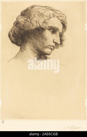 Dieses Werk von Alphonse Legros aus dem Jahr 1877 zeigt den Kopf eines Mannes mit Gesichtszügen, Ausdruck, Haaren, Augen, Nase, Mund, Ohren und kompositorischer Rahmen. Das Kunstwerk spiegelt französische Porträtkonventionen des 19. Jahrhunderts wider. Stockfoto