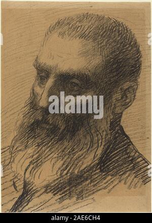 Dieses Werk von Alphonse Legros zeigt den Kopf eines nach links gerichteten Mannes, der Gesichtszüge, Augen, Nase, Mund, Haare, Ohren, Ausdruck und kompositorische Gestaltung. Das Kunstwerk spiegelt französische Porträtkonventionen des 19. Jahrhunderts wider. Stockfoto