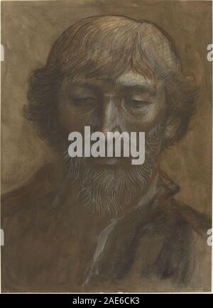 Diese Arbeit von Alphonse Legros zeigt das volle Gesicht eines Mannes, zeigt Gesichtszüge, Augen, Nase, Mund, Ohren, Ausdruck, Haare und kompositorische Gestaltung. Das Kunstwerk spiegelt französische Porträtkonventionen des 19. Jahrhunderts wider. Stockfoto