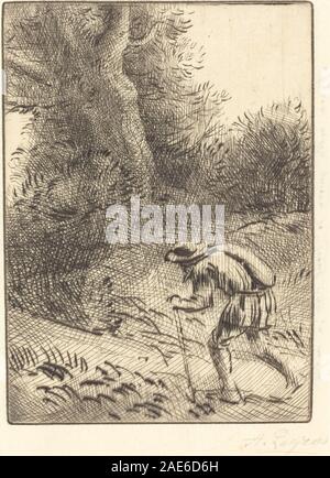 Little Wandering Jew von Alphonse Legros stellt eine einsame männliche Figur dar, die durch eine Landschaft geht und Kleidung, Haltung und Ausdruck zeigt und die europäische Erzählmalerei und Charakterstudie des 19. Jahrhunderts illustriert. Stockfoto