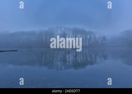 Krefeld - Blick auf Deuss-Temple im City Park See an einem nebligen Januar Tag, Nordrhein Westfalen, Deutschland, 18.01.2019 Stockfoto