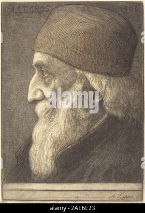 Dieses Werk von Alphonse Legros aus dem Jahr 1906 zeigt ein Selbstporträt mit Gesichtszügen, Ausdruck, Haltung und Kleidung. Die Komposition betont die individuelle Darstellung und die Konventionen französischer Stiche des 20. Jahrhunderts. Stockfoto