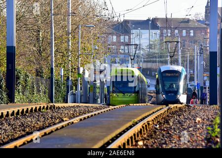 Zwei Nottingham strassenbahnen an der Straßenbahnhaltestelle Wilkinson Street, Nottingham, England, Großbritannien Stockfoto