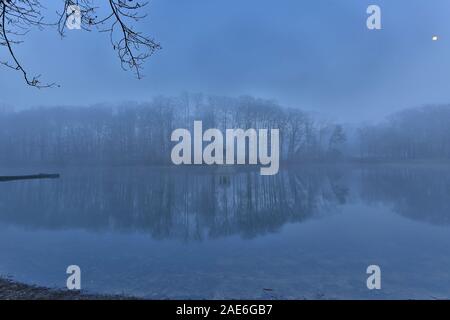 Krefeld - Blick auf Deuss-Temple im City Park See an einem nebligen Januar Tag, Nordrhein Westfalen, Deutschland, 18.01.2019 Stockfoto