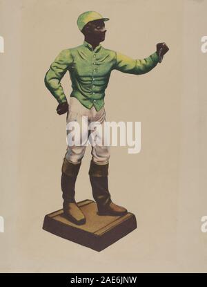 Dieser Jockey-Anschlagpfosten, der zwischen 1935 und 1942 in den Vereinigten Staaten hergestellt wurde, ist ein Metall- oder Holzpfosten, der zur Sicherung von Pferden entwickelt wurde. Es betont funktionales Design, Material, Form und amerikanische Outdoor-Ausrüstung des frühen 20. Jahrhunderts. Stockfoto