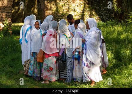 Äthiopien, Amhara-region, Gondar, dabre Berhan Selassie Kirche, Anbeter drängen auf das heilige Wasser Stockfoto