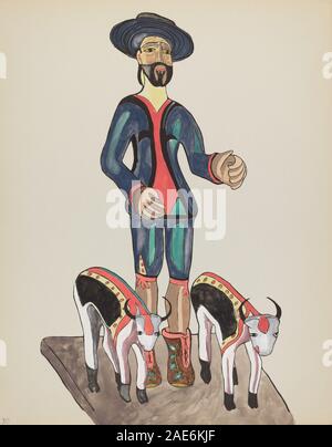 Die Druckplatte 30 aus dem spanischen Kolonialdesign New Mexico-Portfolio zeigt den Heiligen Isidor mit religiösen Symbolen, architektonischen Motiven und dekorativen Elementen, die in der amerikanischen Druckerei des frühen 20. Jahrhunderts hergestellt wurden. Stockfoto