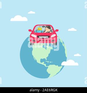 Geschäftsfrau Reisen rund um die Welt mit dem Auto. Stock Vektor