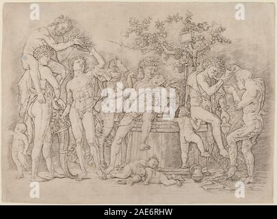 Bacchanal mit einem Wein Mehrwertsteuer; circa 1475 Datum Andrea Mantegna, Bacchanal mit einem Wein MW, c 1475 Stockfoto