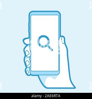 Auf das Symbol Suche in der Bildschirm des Smartphones. Hand smartphone. Vector Illustration von flachen fette Linie. Stock Vektor