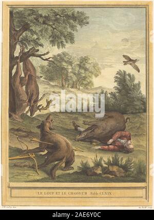 Le Loup et le Chasseur (Der Wolf und die Jäger); veröffentlichte 1756 A-J de Fehrt nach Jean-Baptiste Oudry, Le Loup et le Chasseur (Der Wolf und die Jäger), veröffentlicht 1756 Stockfoto