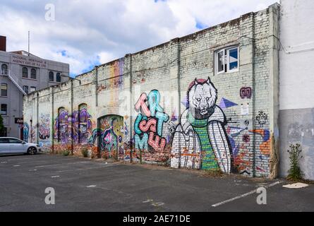 Collaborative Wandmalerei von acht lokale und internationale Künstler auf der Straße in der Water Street, Dunedin, Neuseeland. Stockfoto