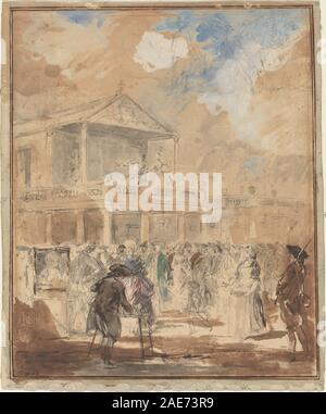 Druck "Parade (Eine Theaterprozession in Paris)", zugeschrieben Augustin de Saint-Aubin, mit Darstellung der Theaterprozession, Figuren, Kostüme, Bühne, architektonischer Hintergrund und kompositorische Details. Stockfoto
