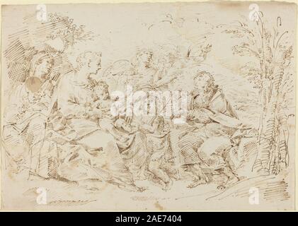 Gemälde, das Donato Creti zugeschrieben wird und die Heilige Familie mit der heiligen Elisabeth, dem heiligen Johannes dem Täufer und zwei Engeln in einer Landschaft darstellt, wobei religiöse Ikonographie, Figuren und Renaissancekomposition hervorgehoben werden. Stockfoto