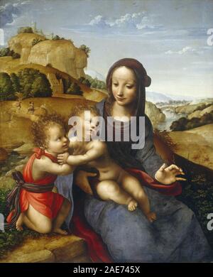Madonna und Kind mit dem Kleinkind des Heiligen Johannes, um 1505, Fernando Yáñez de la Almedina zugeschrieben, zeigt die Jungfrau Maria, die das Christuskind mit dem Heiligen Johannes dem Täufer als Kind hält, Gesten, Ausdrücke, Kleidung, Halos, und Hintergrundlandschaft typisch für spanische Malerei des frühen 16. Jahrhunderts. Stockfoto