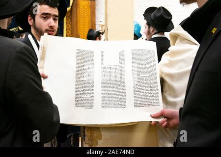 Orthodoxe Juden halten eine Megilla, die am Feiertag Purim gelesen wurde. In Crown Heights, Brooklyn, New York City. Stockfoto