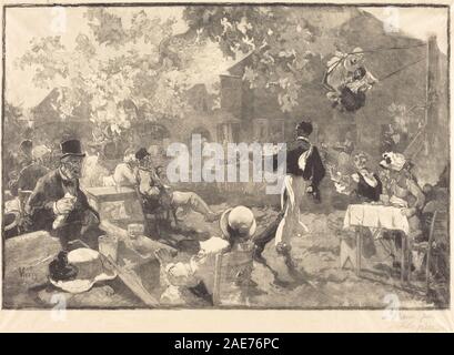 Ein Druck von Auguste Lepère aus dem Jahr 1888 nach Daniel Vierge mit dem Titel „Au coq des bruyeres“, der einen Hahn in einer Heidekraut-Landschaft darstellt und Figur, Umgebung, Vegetation und französischer Druckstil des späten 19. Jahrhunderts zeigt. Stockfoto