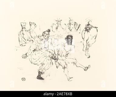 Ein Druck nach Henri de Toulouse-Lautrec, der die Künstler Footit und Chocolat darstellt. Die Komposition zeigt zwei Figuren in Kostümen, Bühnenbildern, Gesten und Ausdrücken, die europäische Illustrationen und theatralische Themen des späten 19. Jahrhunderts widerspiegeln. Stockfoto