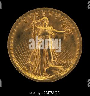 Double Eagle 20 Dollar Gold Stück [Vorderseite]; Modell 1905-1907, schlug 1907 Augustus Saint-Gaudens, Double Eagle 20 Dollar Gold Stück (Vorderseite), Modell 1905-1907, schlug 1907 Stockfoto