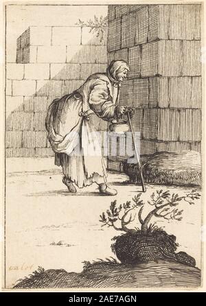Dieser Druck zeigt eine Bettlerin, die im 17. Jahrhundert nach Jacques Callot geschaffen wurde und europäische Genreszenen, sozialen Realismus und Figurenstudien in der Druckerei repräsentiert. Stockfoto