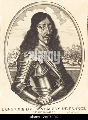 Gravur des Porträts von Ludwig XIII., König von Frankreich, mit detaillierten Gesichtszügen, königlicher Kleidung und formeller Pose, erstellt von Balthasar Moncornet. Stockfoto