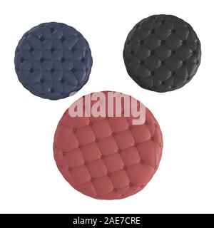 Drei farbige Leder gesteppt Hocker an einem isolierten Hintergrund. 3D-Rendering Stockfoto